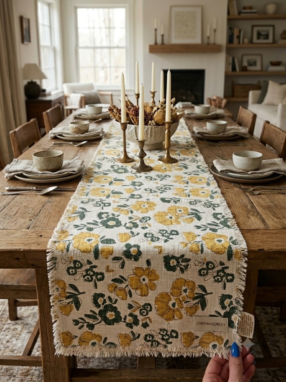 Cynthia Rowley Yellow & Green Floral Fringe Table Runner